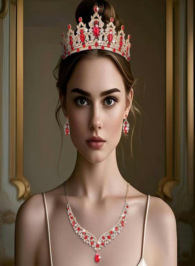 Geurlev Tiaras and Crowns for Women,Tiaras Earrings Necklace, Crystal Bridal Jewelry Set (Gold Red) - Image 5